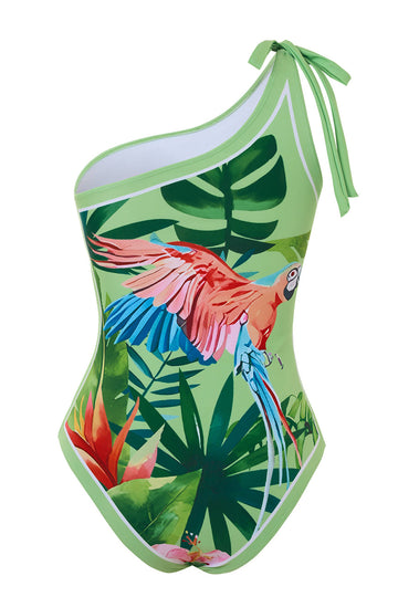 Maillot de bain à une épaule imprimé tropical vert